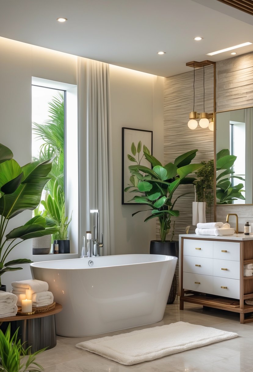 A bathroom with a freestanding bathtub surrounded by plants, candles, towels, and modern decor.