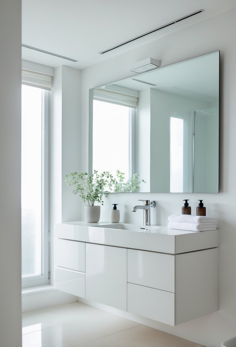 A modern bathroom with a large frameless mirror above a white vanity, decorated with plants and towels, creating a bright and spacious feel.