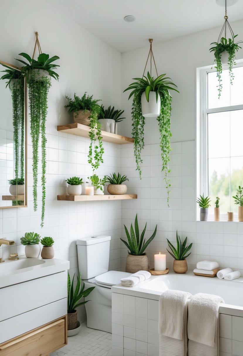 A bathroom with various potted plants and succulents placed on shelves, countertops, and windowsills, creating a fresh and inviting atmosphere.