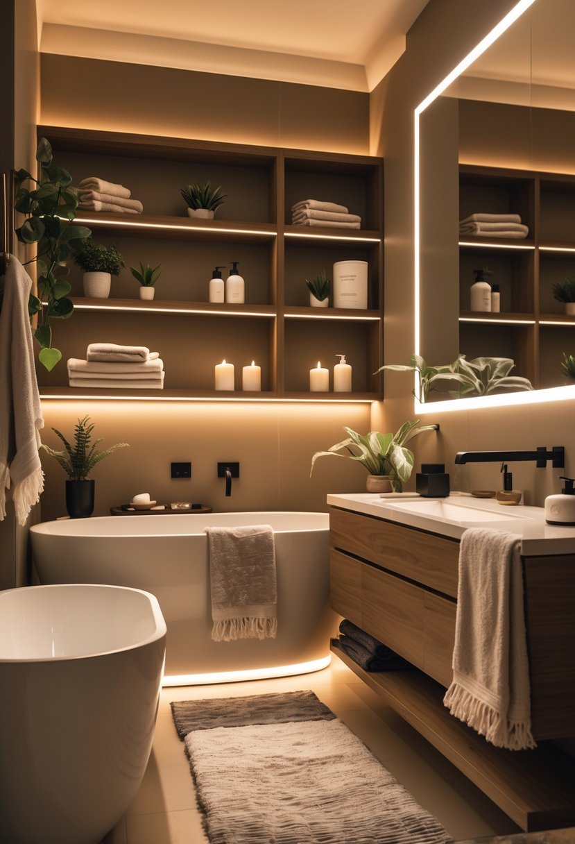 A modern bathroom warmly lit with soft white lights, featuring a bathtub, shelves with towels and plants, a mirror, and various decorative items.