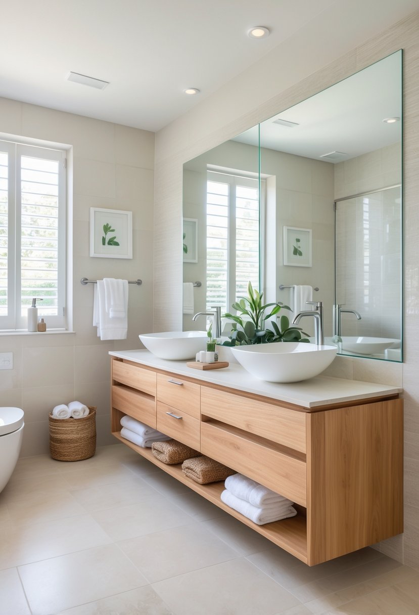 A modern bathroom with a wooden vanity featuring two white vessel sinks, a large mirror, and various bathroom decor items.