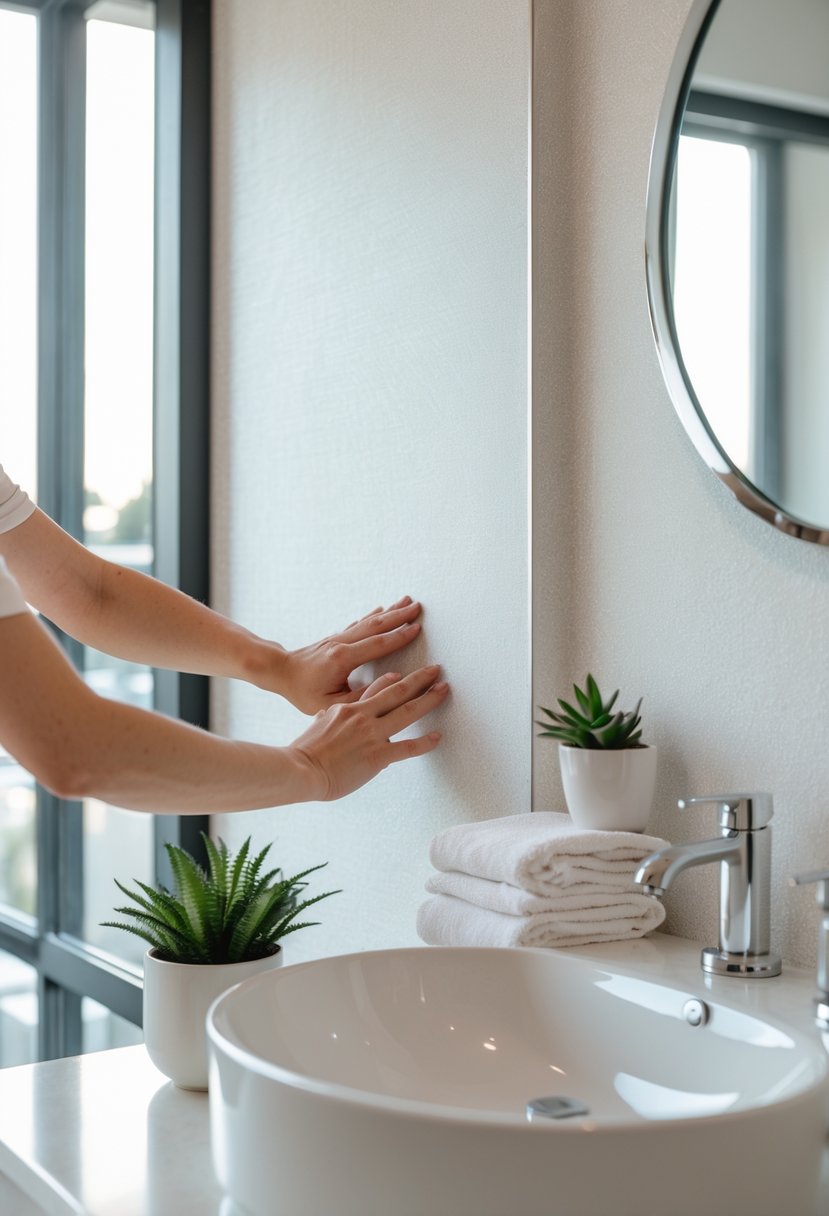 Person applying peel-and-stick wallpaper on a bathroom wall near a sink and mirror.