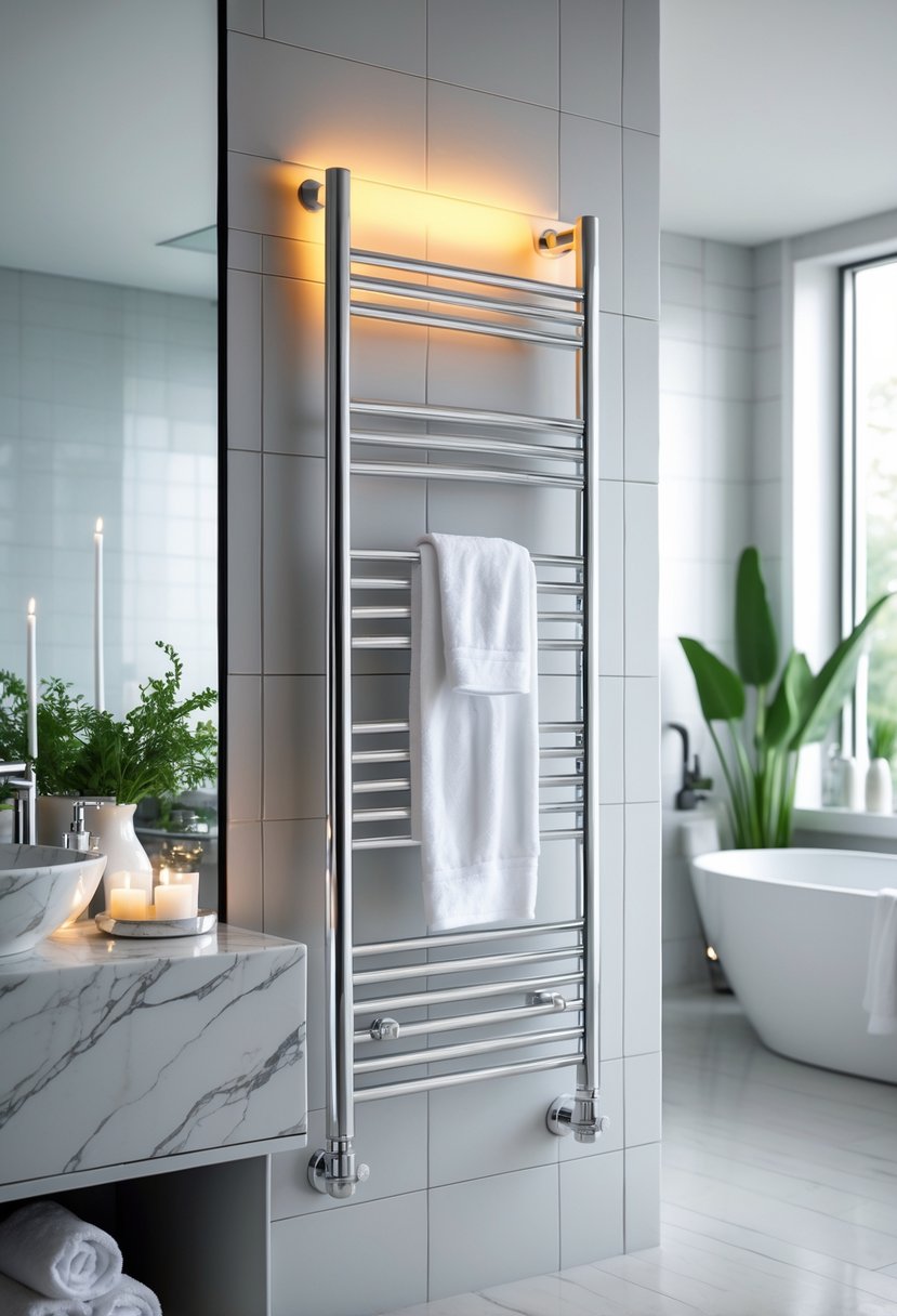 A bathroom with a heated towel rack holding white towels, a vanity with a sink, a mirror, and a freestanding bathtub.