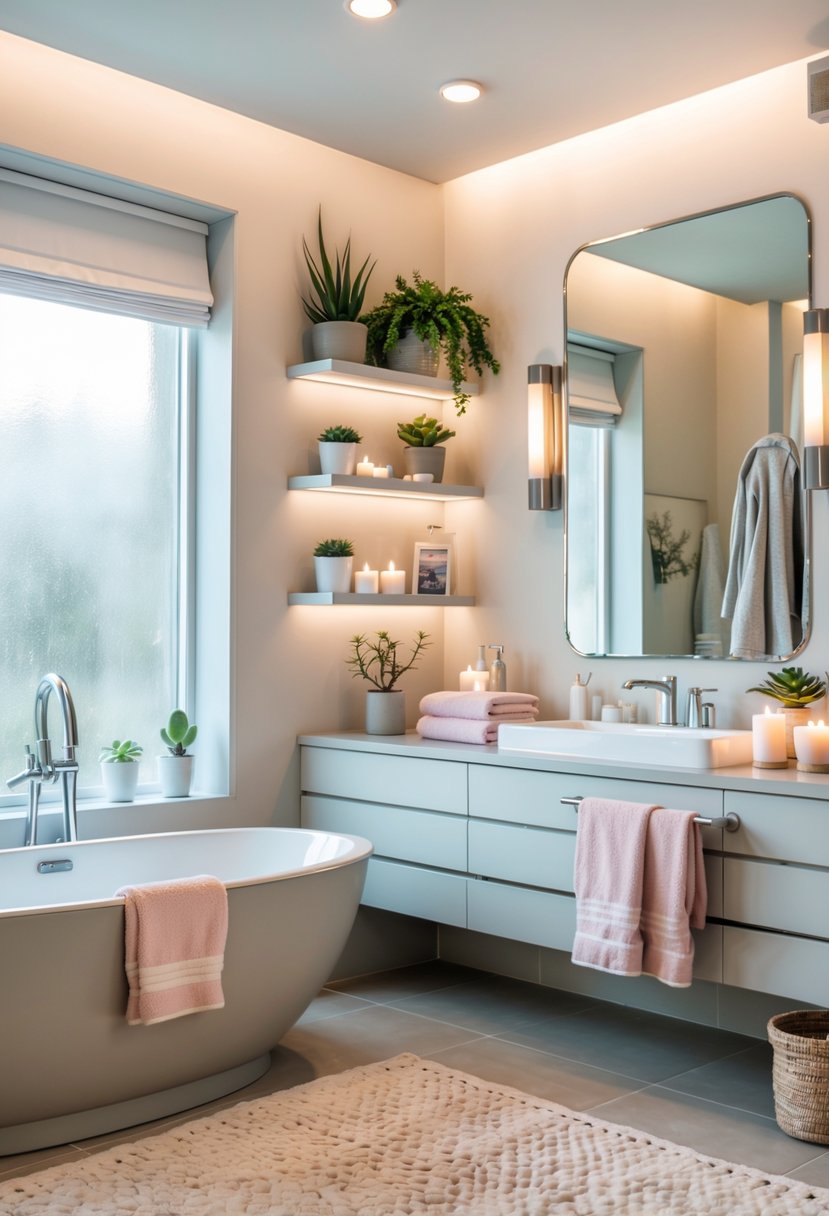 A clean and inviting bathroom with a bathtub, vanity, shelves with plants, and soft natural lighting.