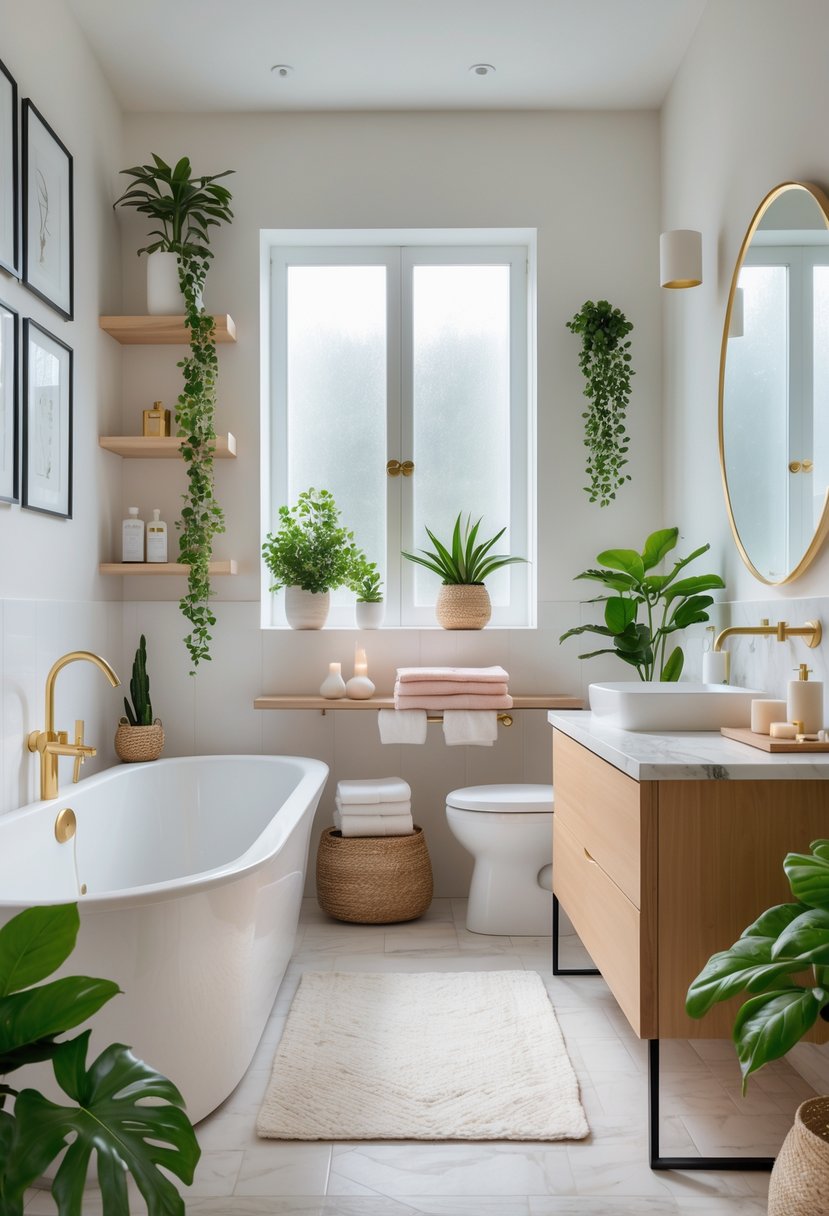 A modern bathroom with a bathtub, wooden vanity, plants, towels, and decorative accessories arranged neatly.