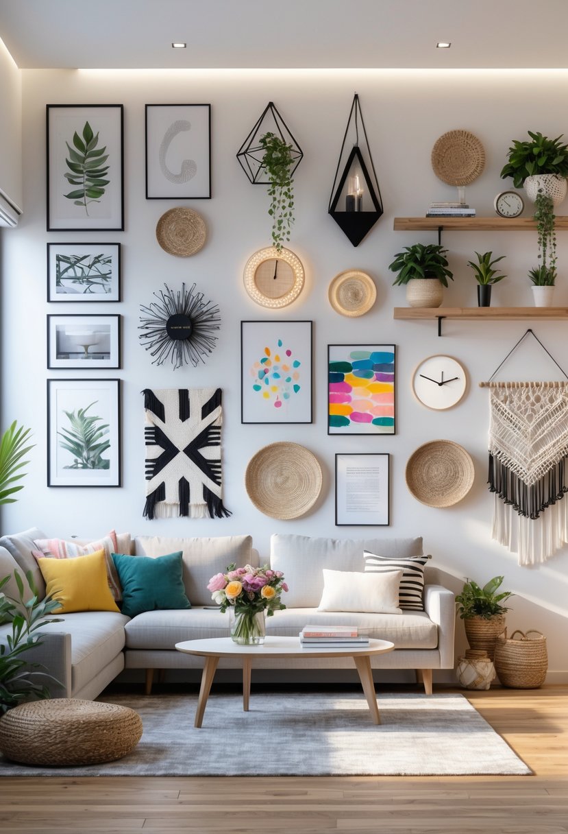 v2 11gyu6 yniok 1 A modern living room with various wall decorations including artwork, shelves, mirrors, and plants, creating a warm and inviting space.