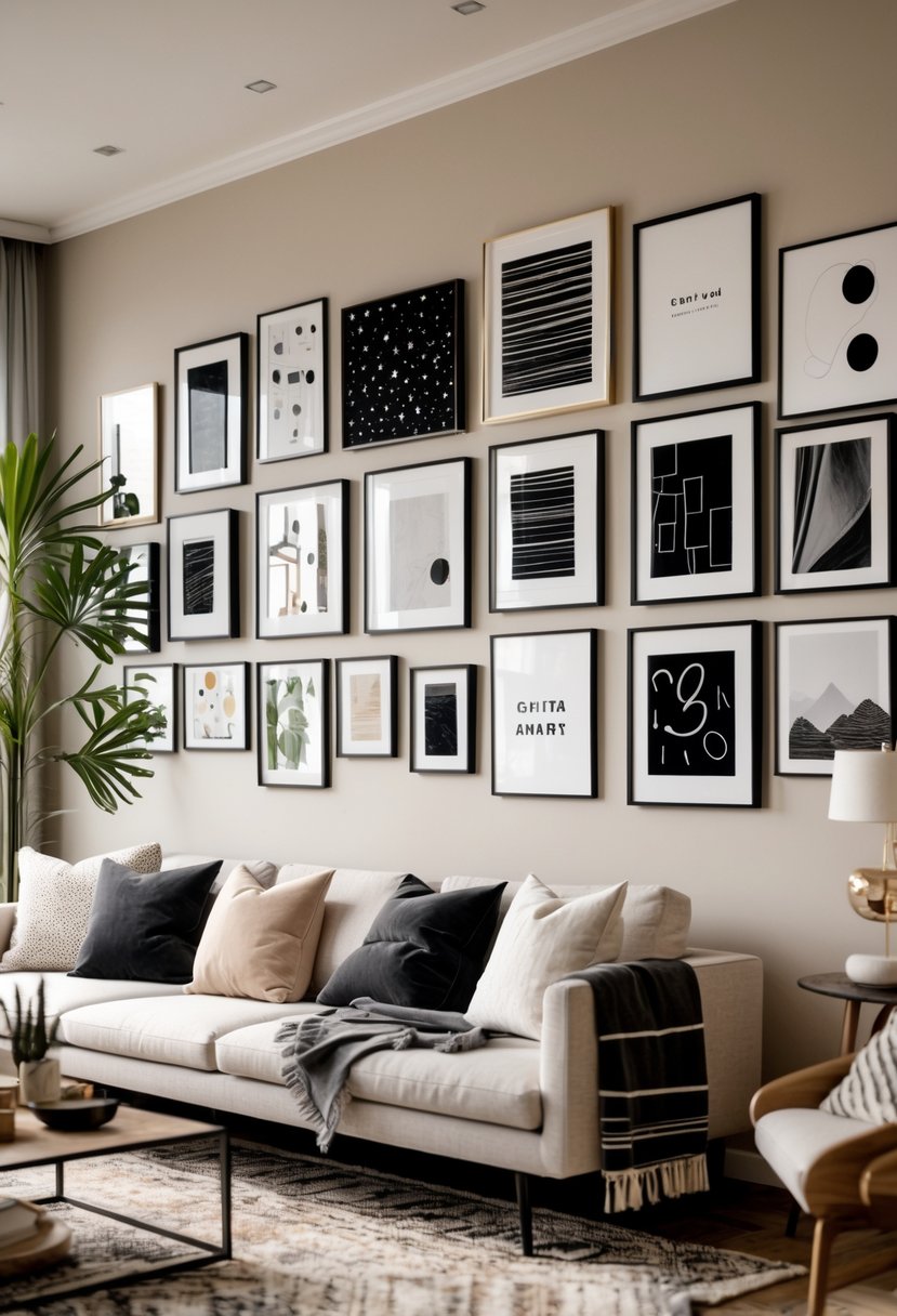 v2 11gyus 0zqhg 1 Living room with a gallery wall displaying various photo frames above a sofa and coffee table.
