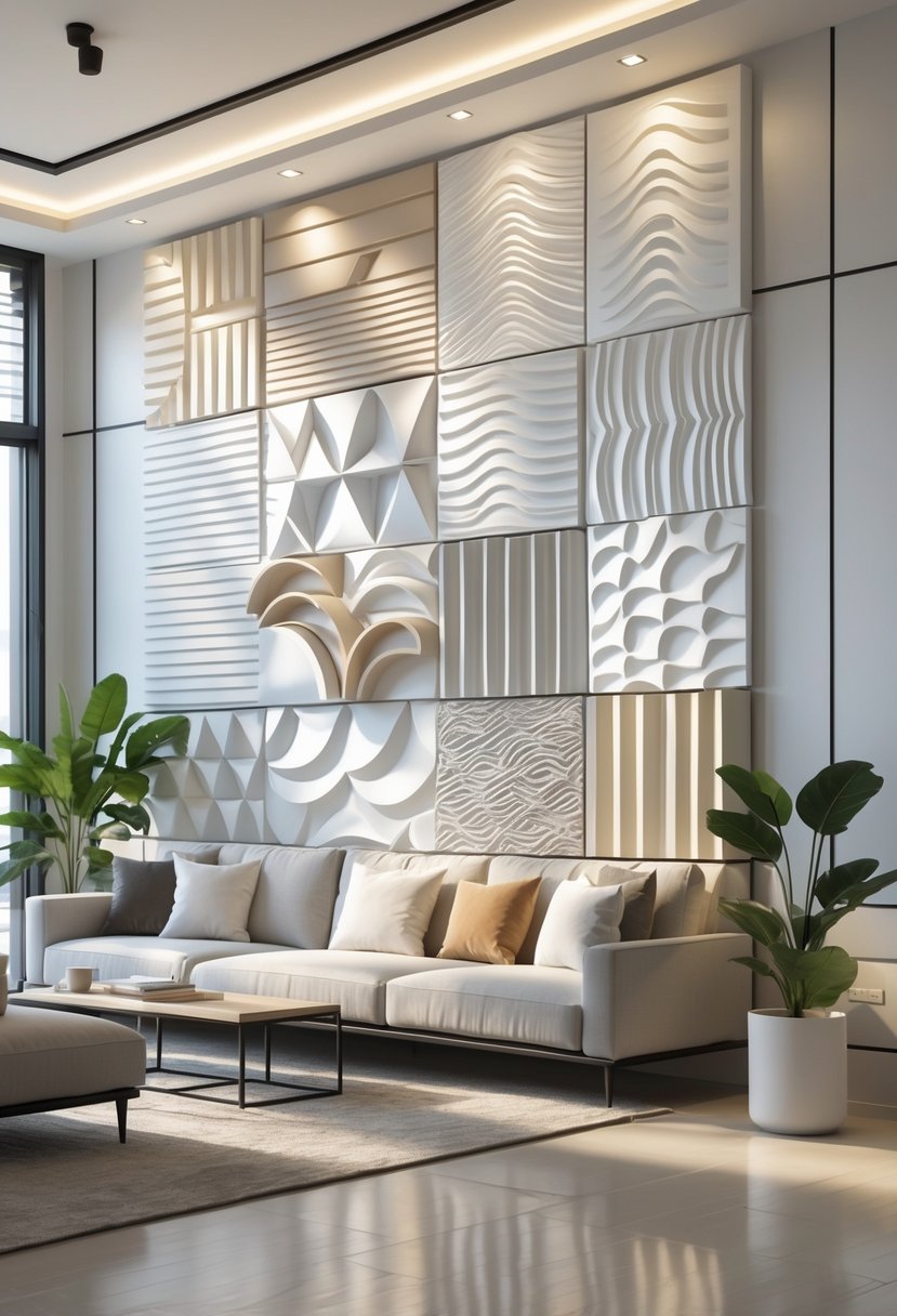 v2 11gyvl dnyuk 1 Living room with a large wall covered in multiple 3D textured panels and modern furniture.