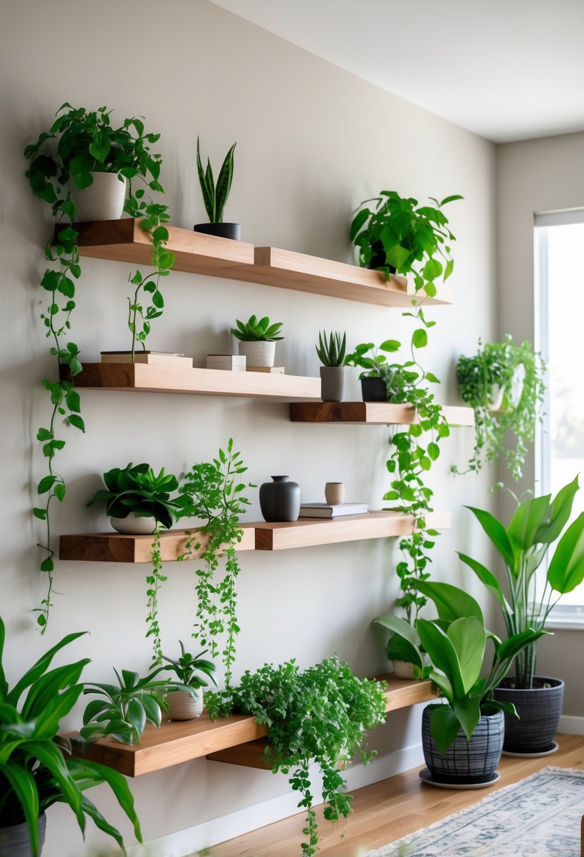 v2 11gyw0 el7hr 1 Living room wall with floating wooden shelves holding various green plants and small decorative items.