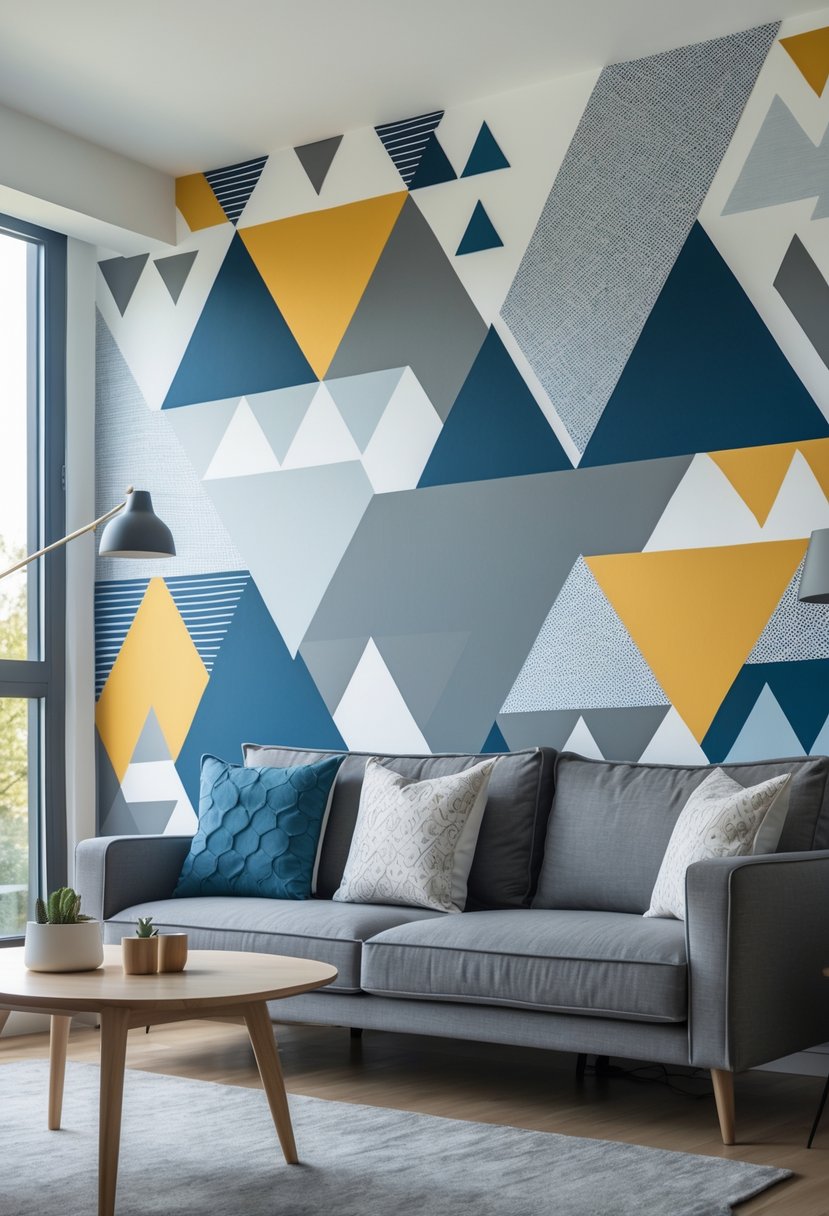 v2 11gywe on8bp 1 Living room with a geometric patterned accent wall, a gray sofa, coffee table, and floor lamp.