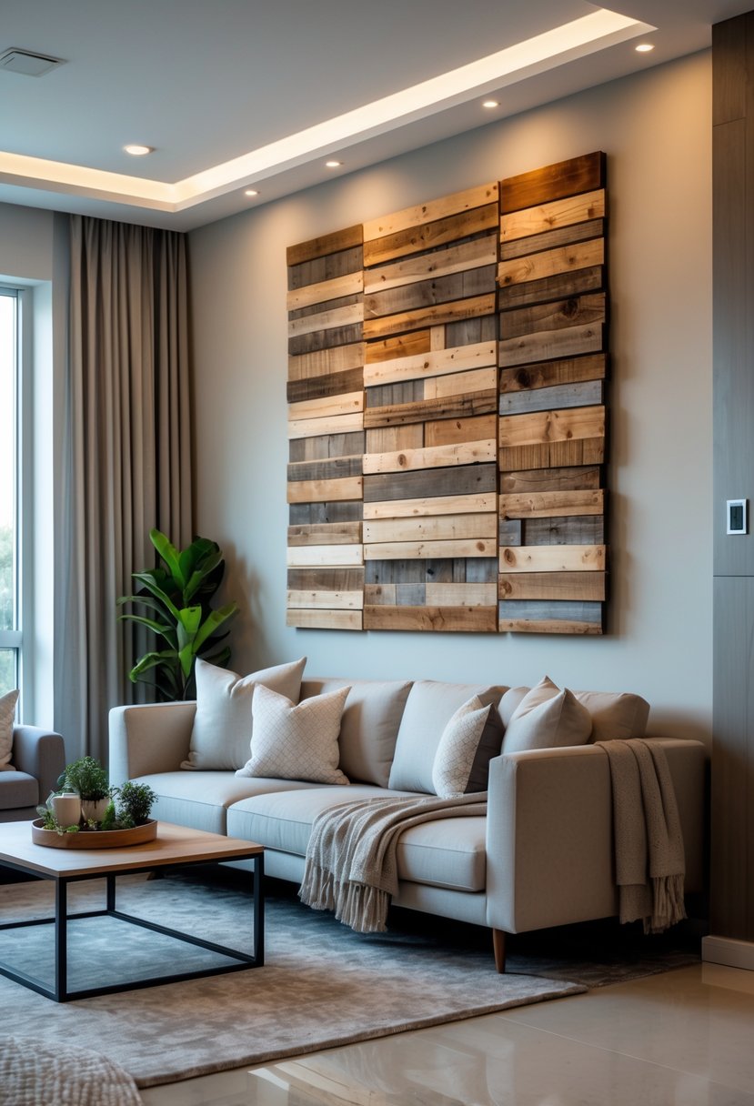v2 11gywt qdsf9 1 Living room with a large reclaimed wood wall art piece above a sofa and a coffee table in front.