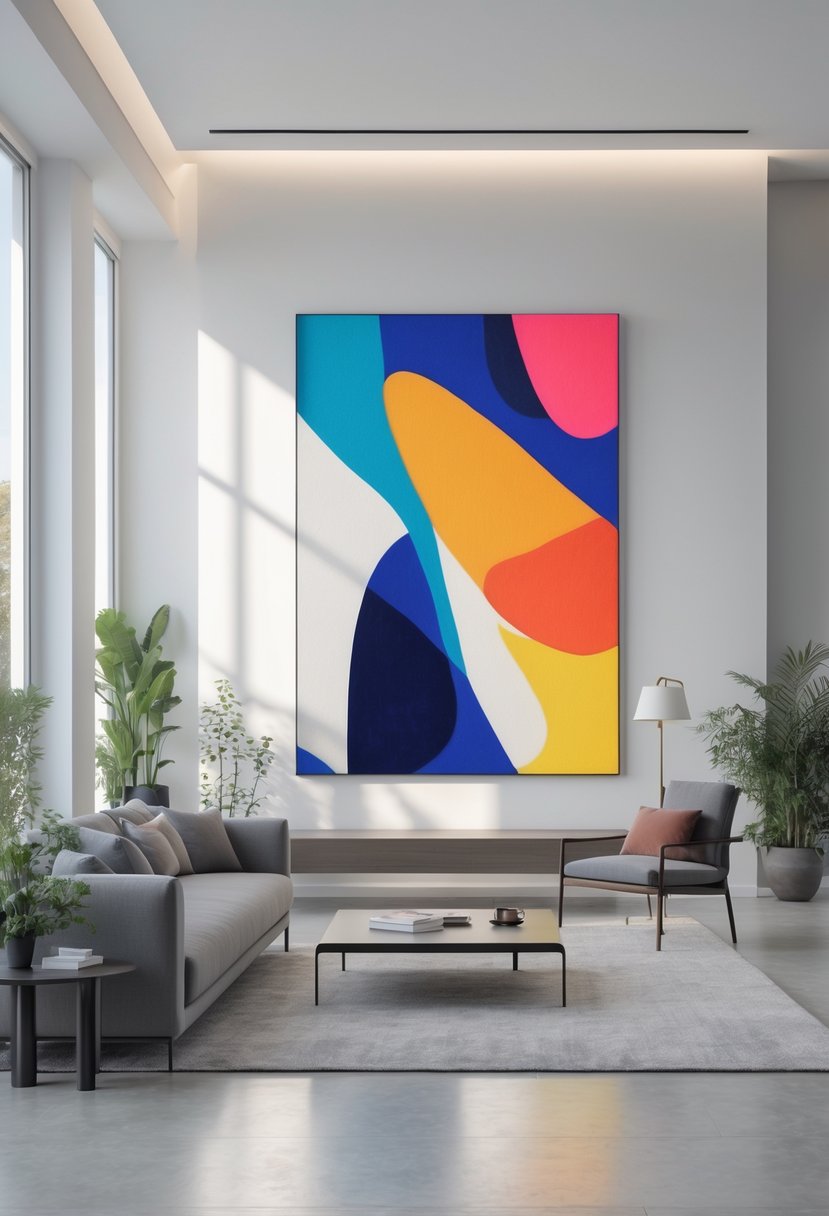 v2 11gyx8 gujsc 1 A modern living room with a large abstract painting on the wall, a sofa, coffee table, and natural light coming through windows.