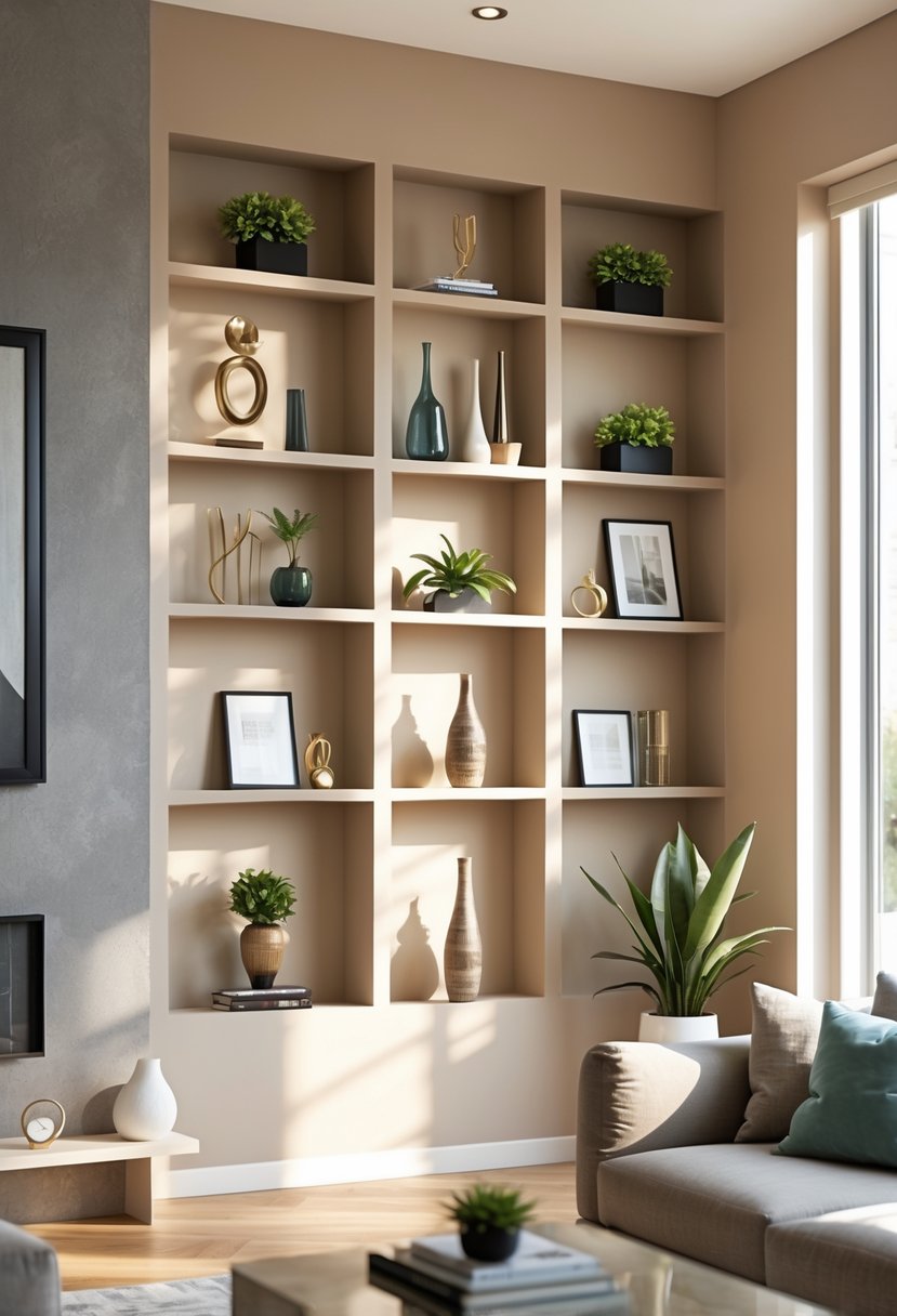 v2 11gyxm 3rmrd 1 Living room wall with built-in niches filled with plants, vases, artwork, and decorative objects.