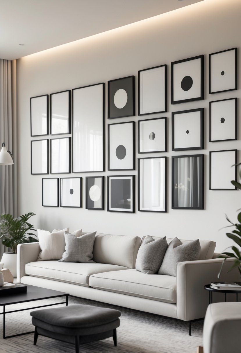 v2 11gyyh u7vm7 1 A living room with a sofa and a wall decorated with multiple black and white framed pictures arranged neatly.