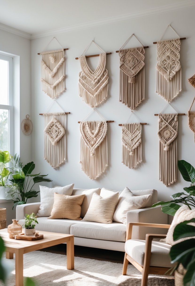 v2 11gyyx esvlk 1 Living room with a white wall decorated with multiple macramé wall hangings, a sofa, coffee table, and indoor plants.