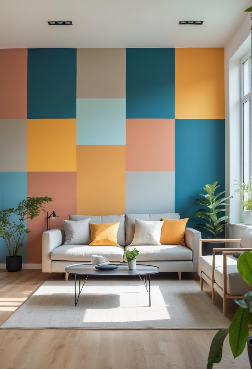 v2 11gyzi sigvq 1 Living room with a large wall featuring multiple colorful painted sections and modern furniture.