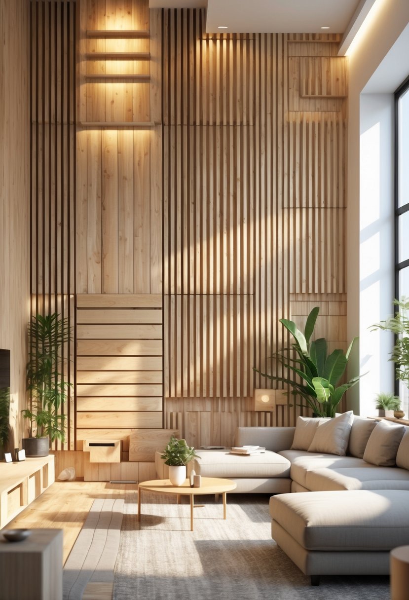 v2 11gz06 jc10l 1 A bright living room with a large wall covered in wooden slats, featuring a sofa, coffee table, and plants.
