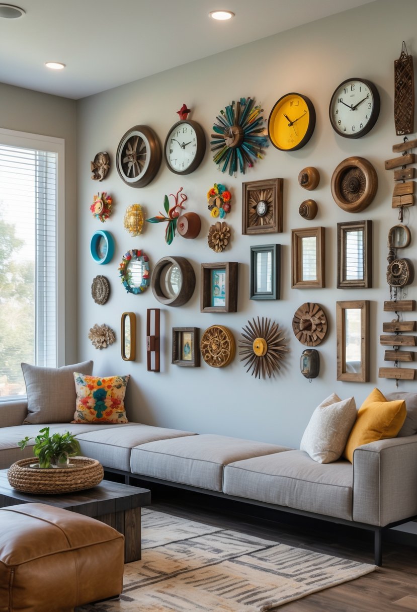 v2 11gz0m cmsyk 1 Living room wall decorated with a variety of artistic objects arranged above a sofa with cushions.