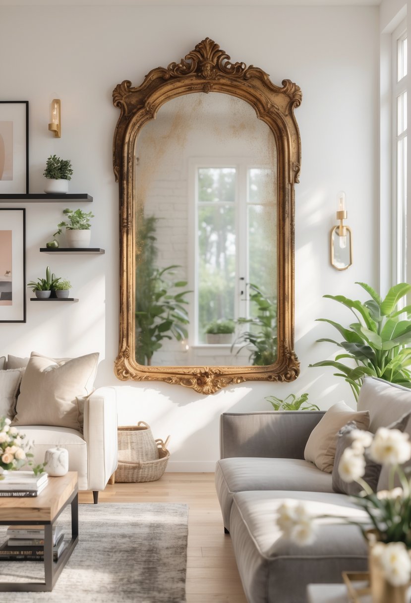 v2 11gz13 spxde 1 A bright living room with a large vintage mirror on the wall, surrounded by decorative items and comfortable furniture.