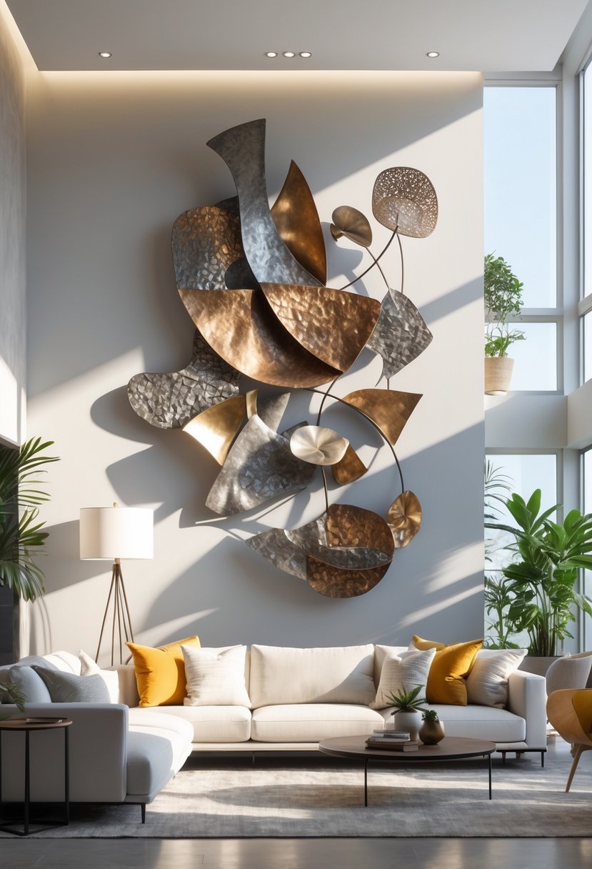 v2 11gz1n 4ygnk 1 A modern living room with a large metal wall sculpture above a sofa, surrounded by furniture and plants.