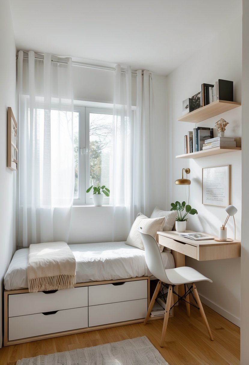 A small bedroom with a single bed, desk, floating shelves, and a window letting in natural light.