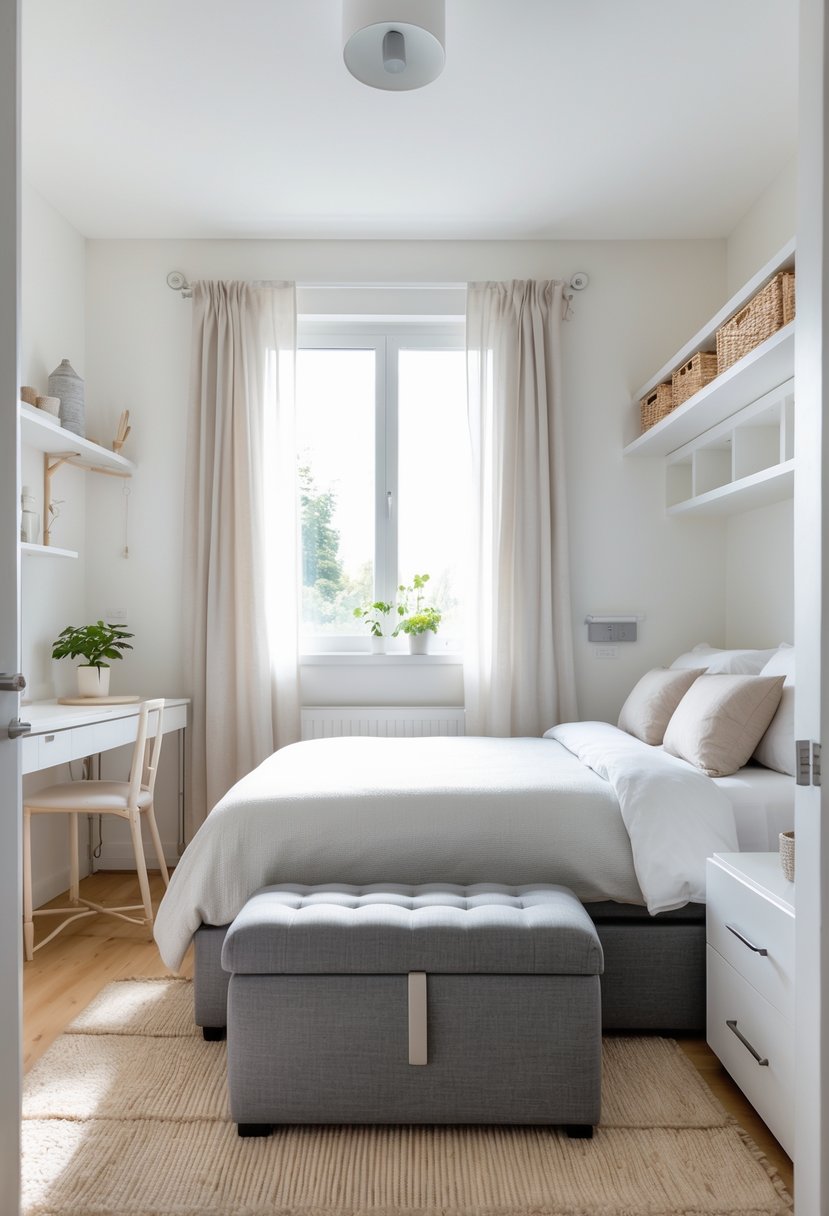 A small bedroom with a bed and a storage ottoman at the foot, featuring organized storage and natural light.