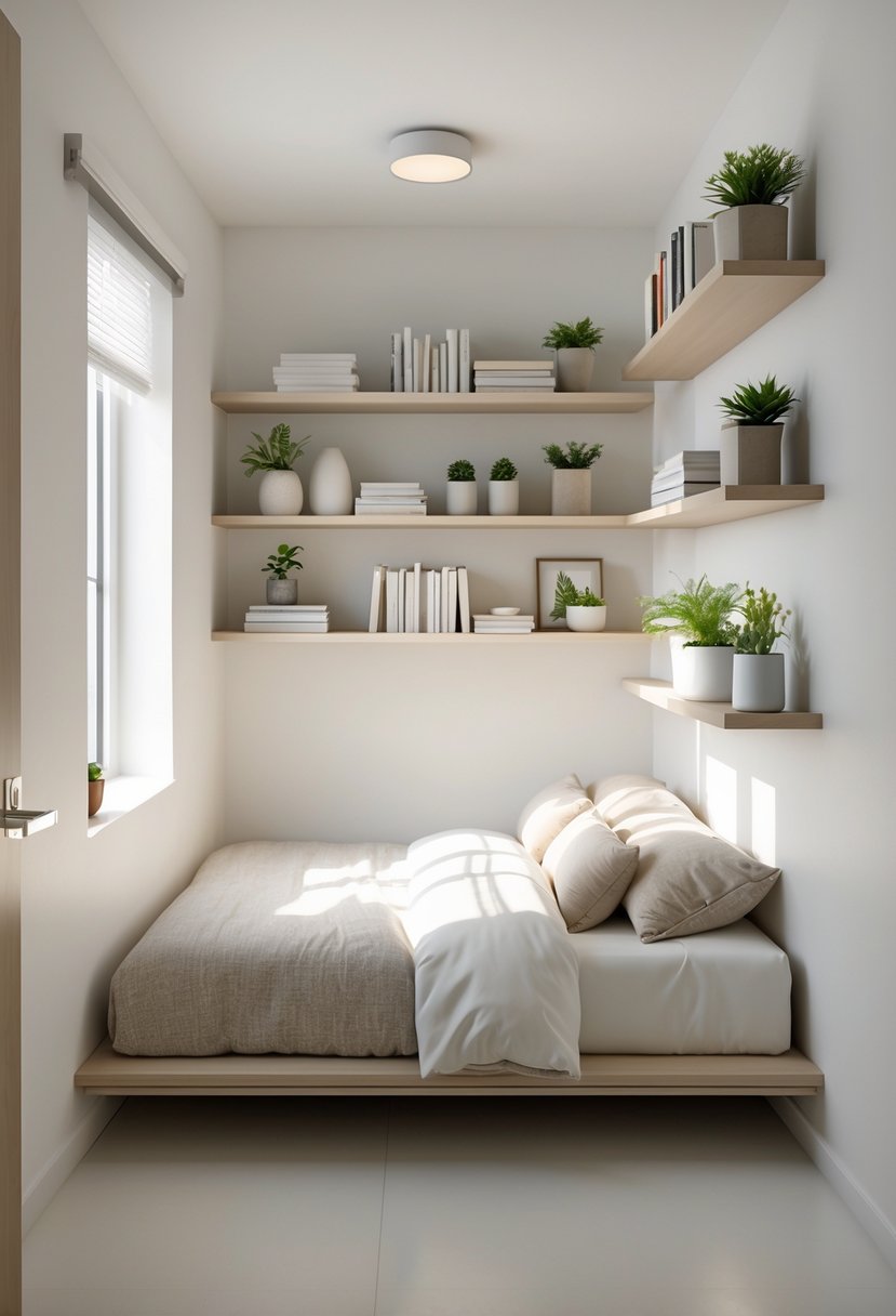 A small bedroom with a bed and floating shelves mounted on the wall holding books and plants, with natural light coming through a window.