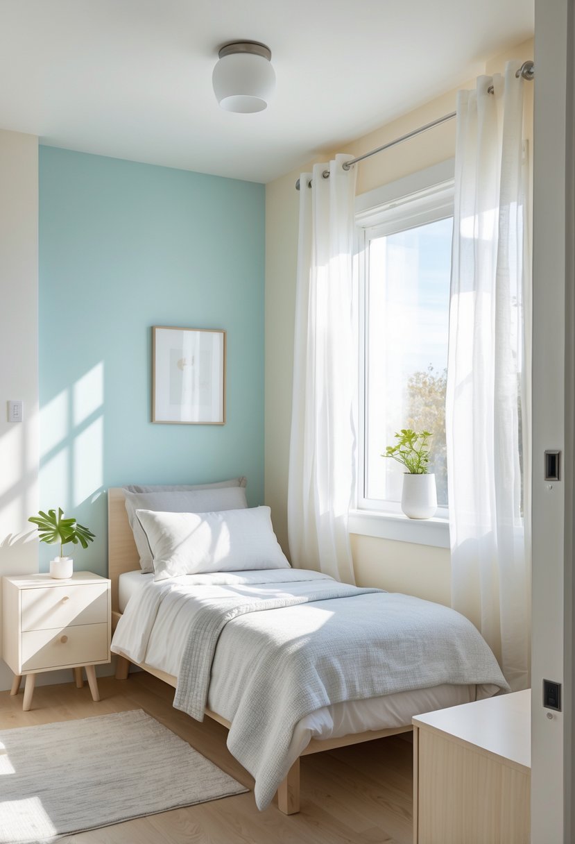 A small bedroom with light blue and white walls, a bed with white bedding, a window with sheer curtains, and light wood furniture.