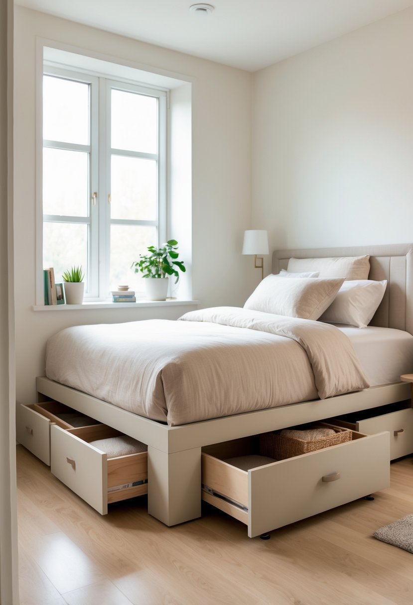 Small bedroom with a platform bed that has built-in drawers and natural light coming through a window.