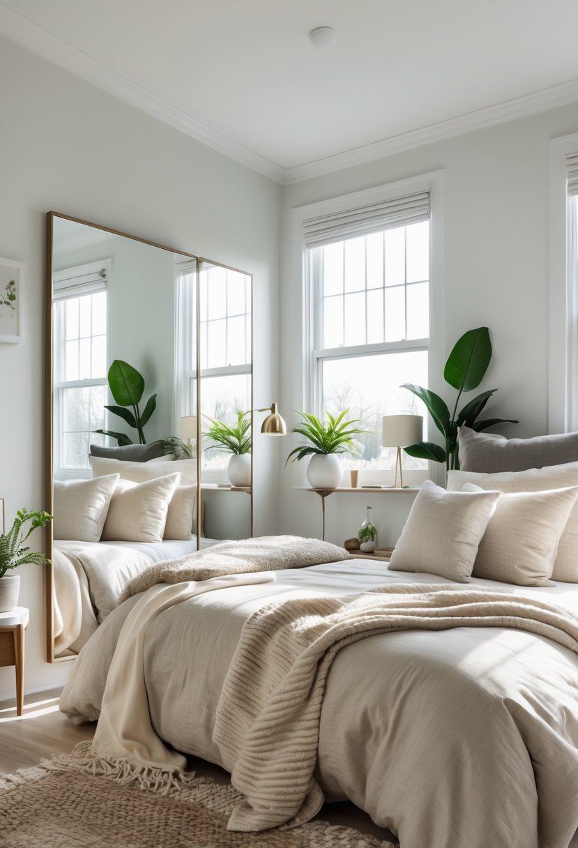 A small bedroom with a bed, mirrors reflecting light, and minimalist furniture that makes the space appear larger and brighter.