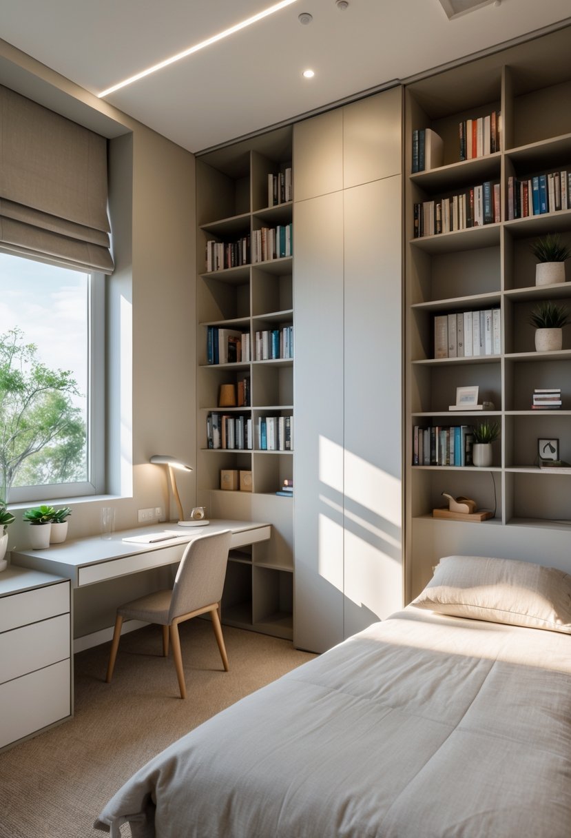 A small bedroom with a bed, tall bookshelves, and vertical storage units designed to maximize space.
