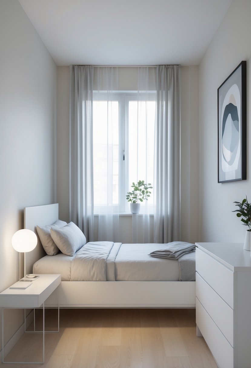 A small bedroom with a bed, bedside table, dresser, and a window letting in natural light.