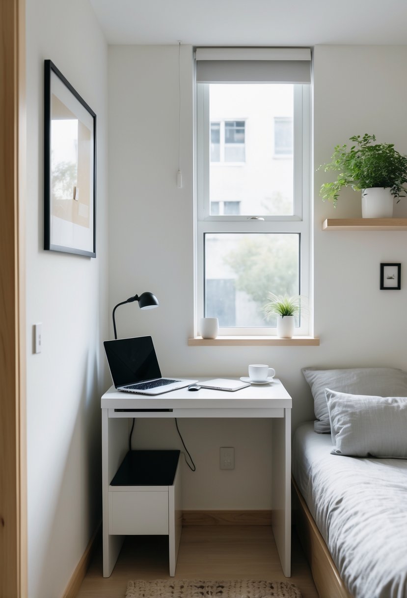 A small bedroom with a compact desk, a laptop, a bed, and simple decor illuminated by natural light.