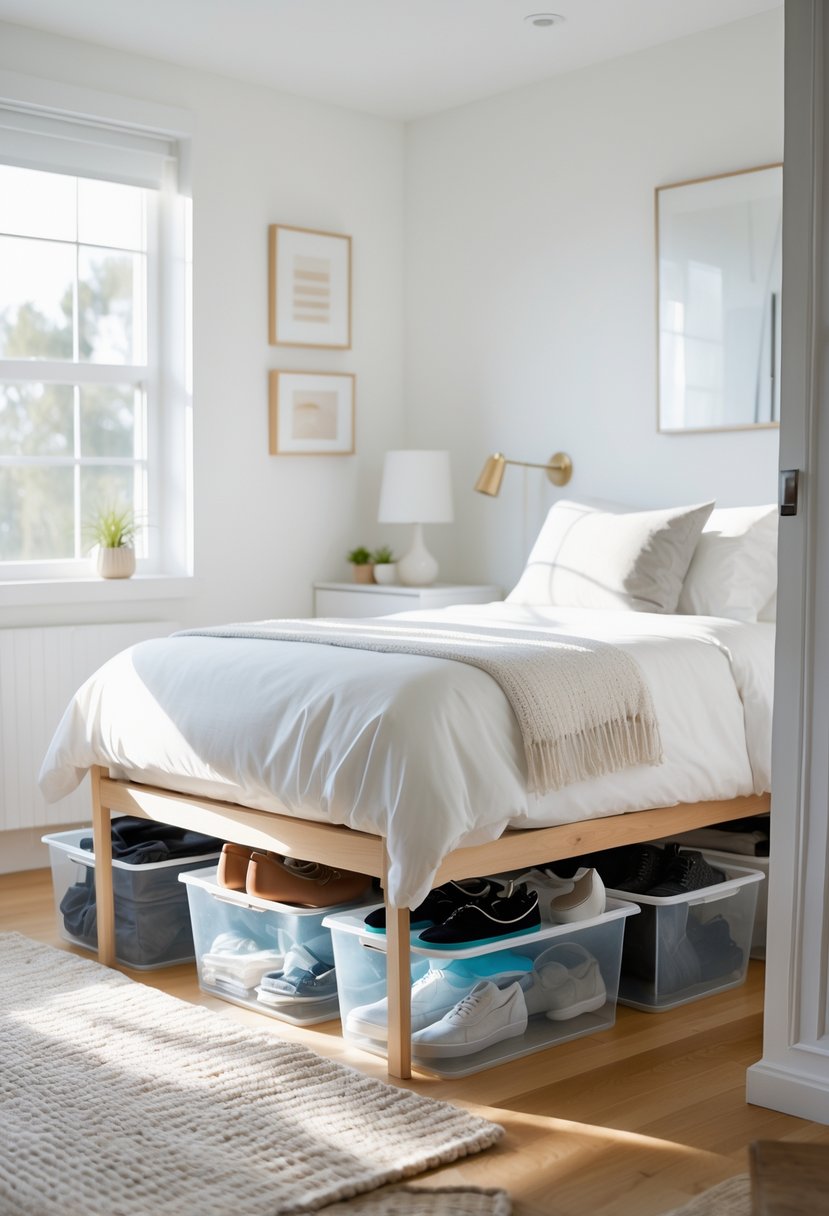 A small bedroom with a bed showing clear storage containers neatly placed underneath for extra organization.