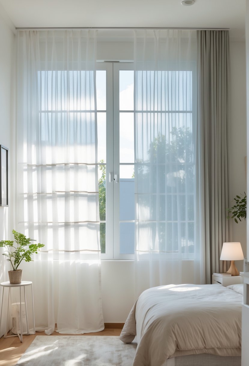 A small bedroom with layered sheer curtains letting in natural light, a bed, bedside table, and plants.