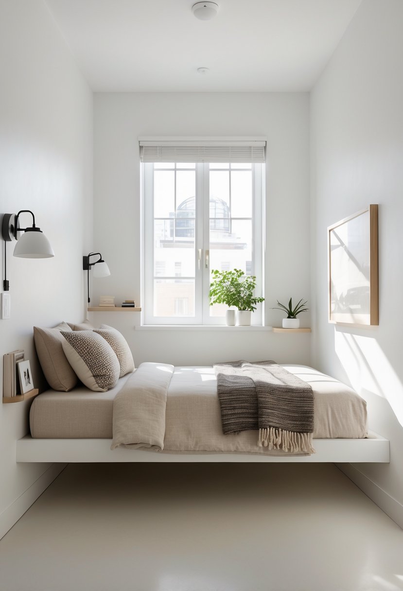 A small bedroom with a bed and wall-mounted nightstands on each side, showing a clean and uncluttered floor.
