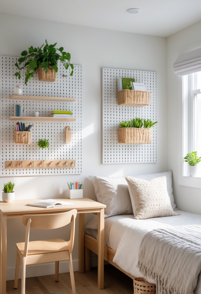 Small bedroom with pegboards and wall grids used for organized storage above a desk and next to a bed.