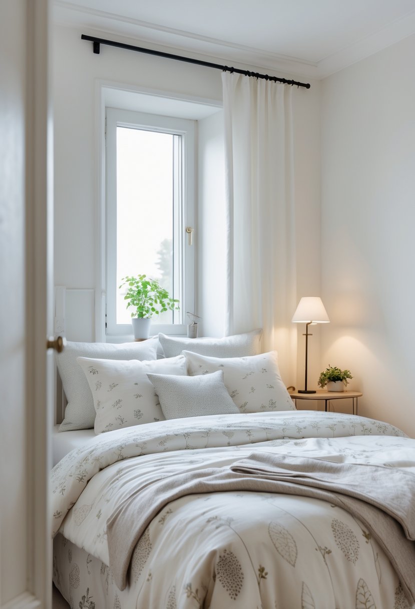 A small bedroom with a neatly made bed featuring subtly patterned bedding, a bedside table with a lamp and plant, and natural light coming through a window.