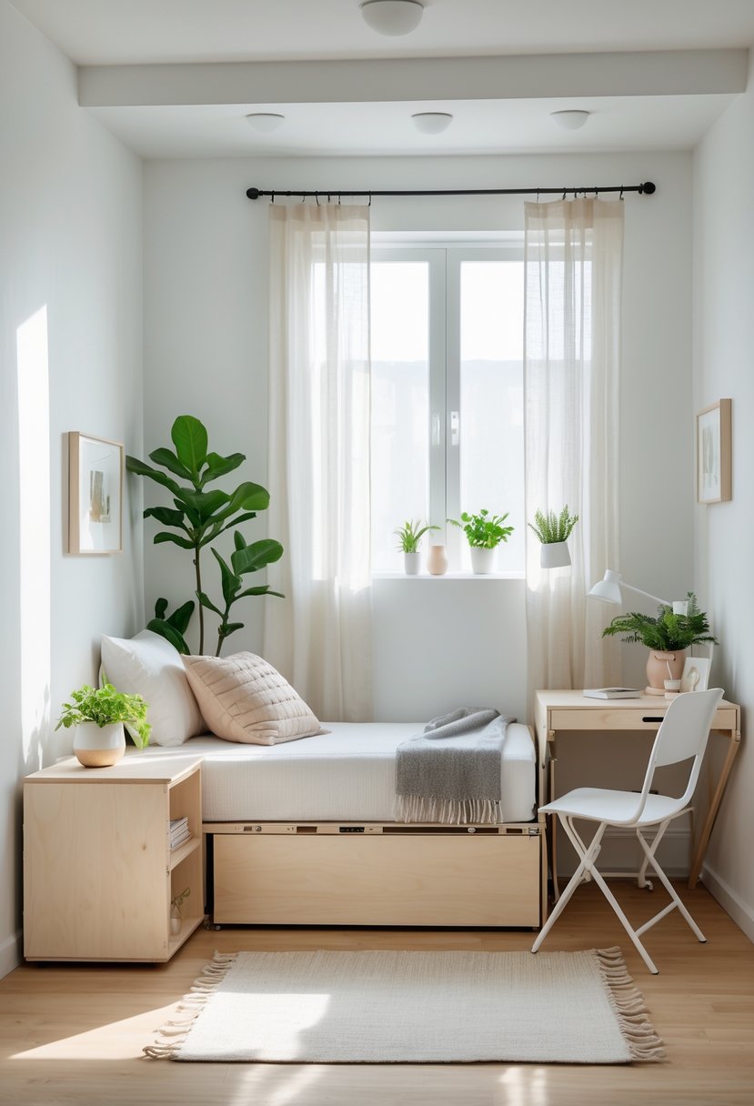 Small bedroom with foldable bed, nesting tables, and a foldable desk near a window with natural light.