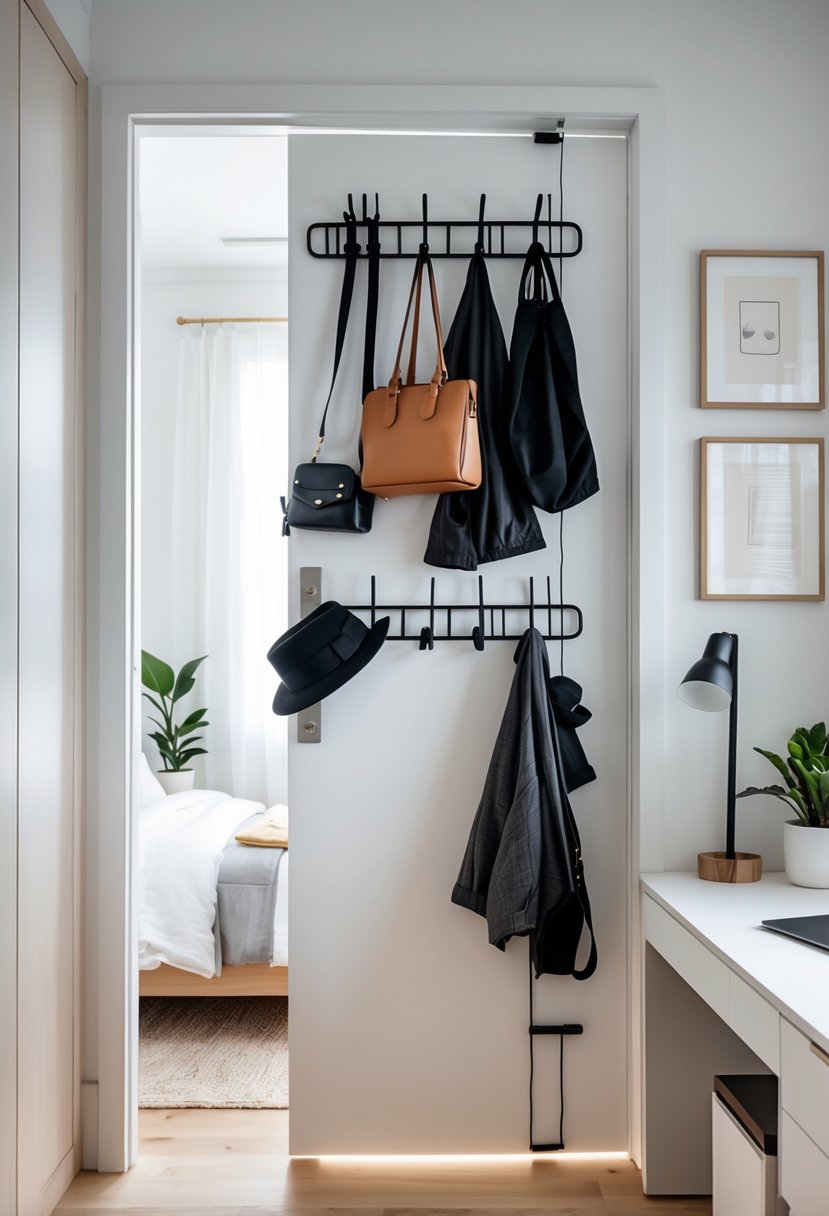 Small bedroom with hooks and racks behind the door holding bags and hats, a neatly made bed, a desk, and decorative plants.