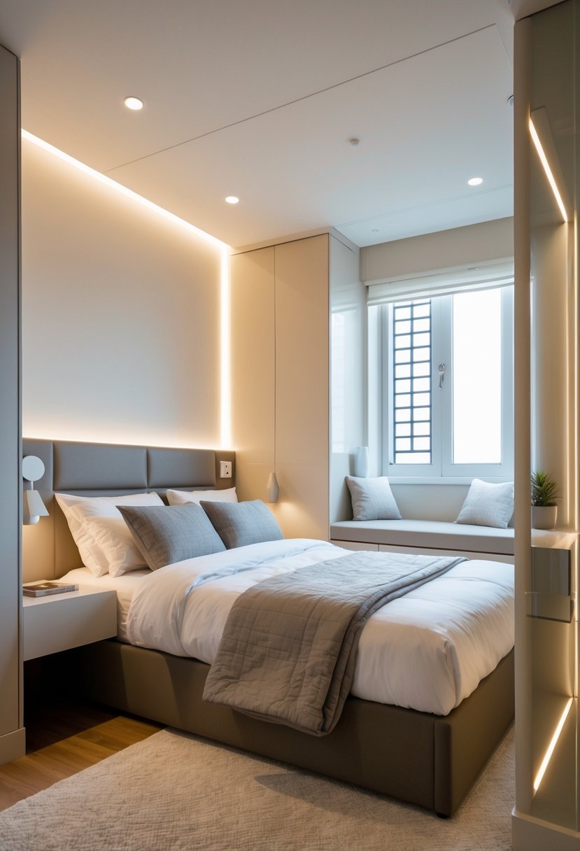 A small bedroom with a bed featuring built-in lighting in the headboard and a compact bedside table.