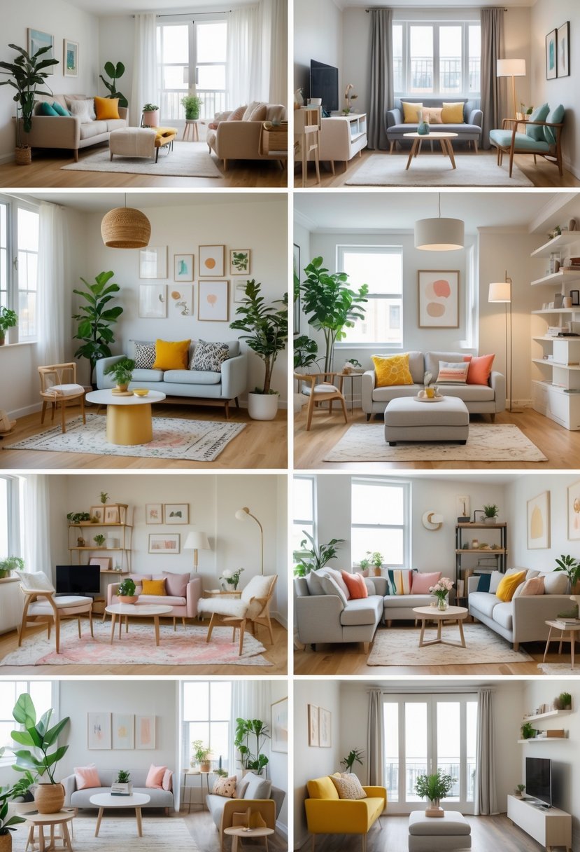v2 11o8gh A collage of twelve small apartment living rooms, each with compact furniture, cozy decor, and efficient use of space.