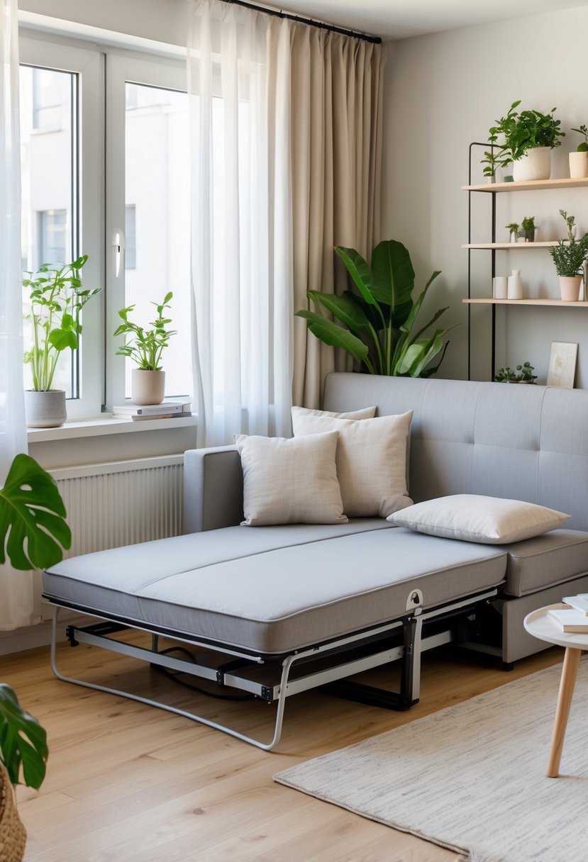 v2 11o8ic koaad A small apartment living room with a fold-out sofa bed fully extended, natural light, a coffee table, and decorative plants.