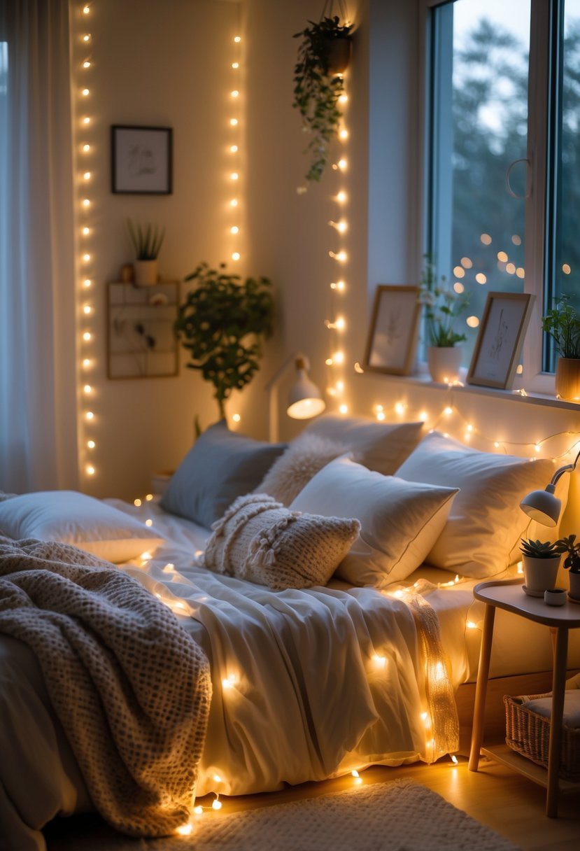 v2 11o8qq y9uc7 A cozy bedroom softly lit by warm fairy lights hanging around the bed and walls, with pillows, plants, and a bedside table.