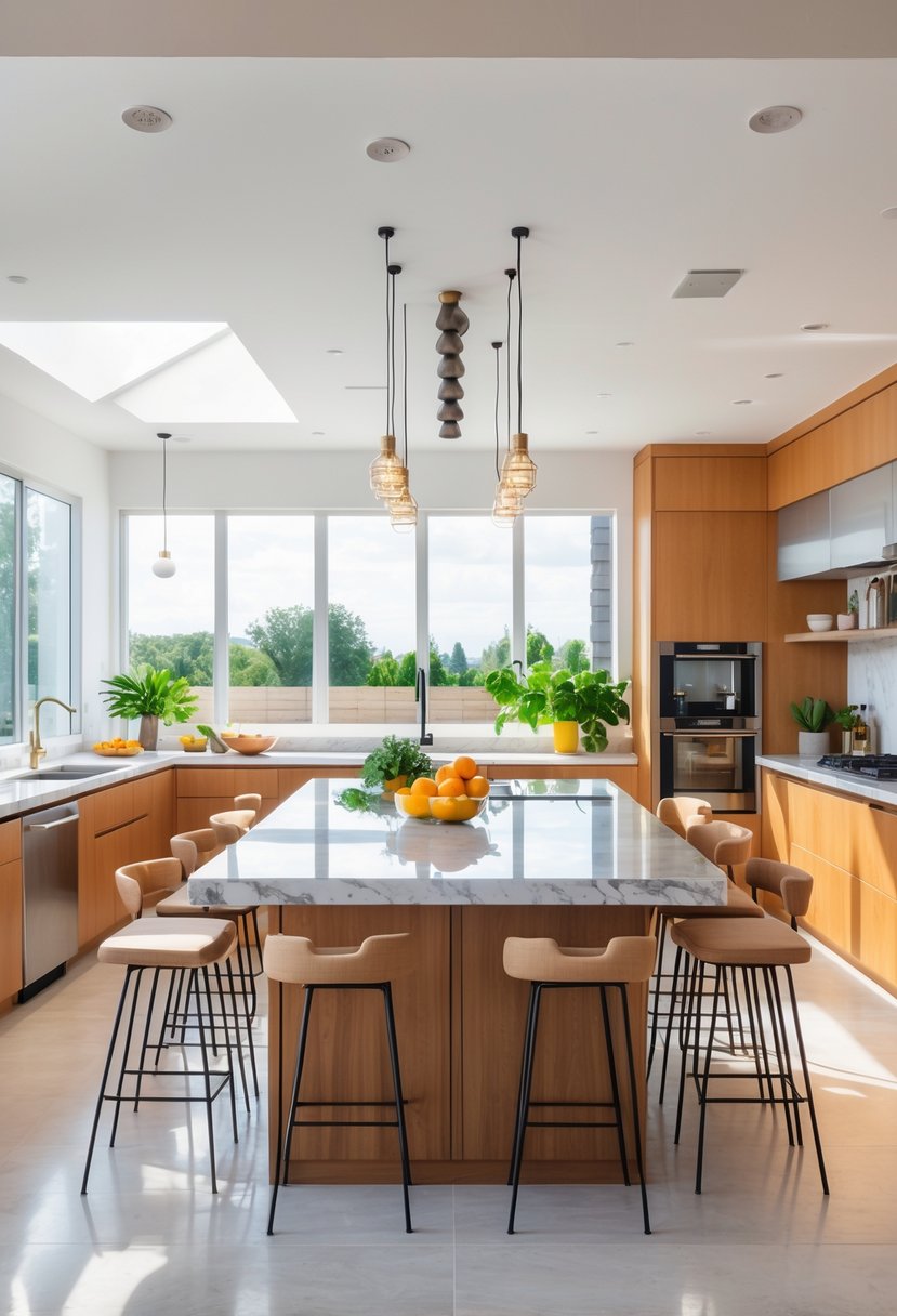 A spacious kitchen with a large central island featuring seating, lighting, and various kitchen accessories.