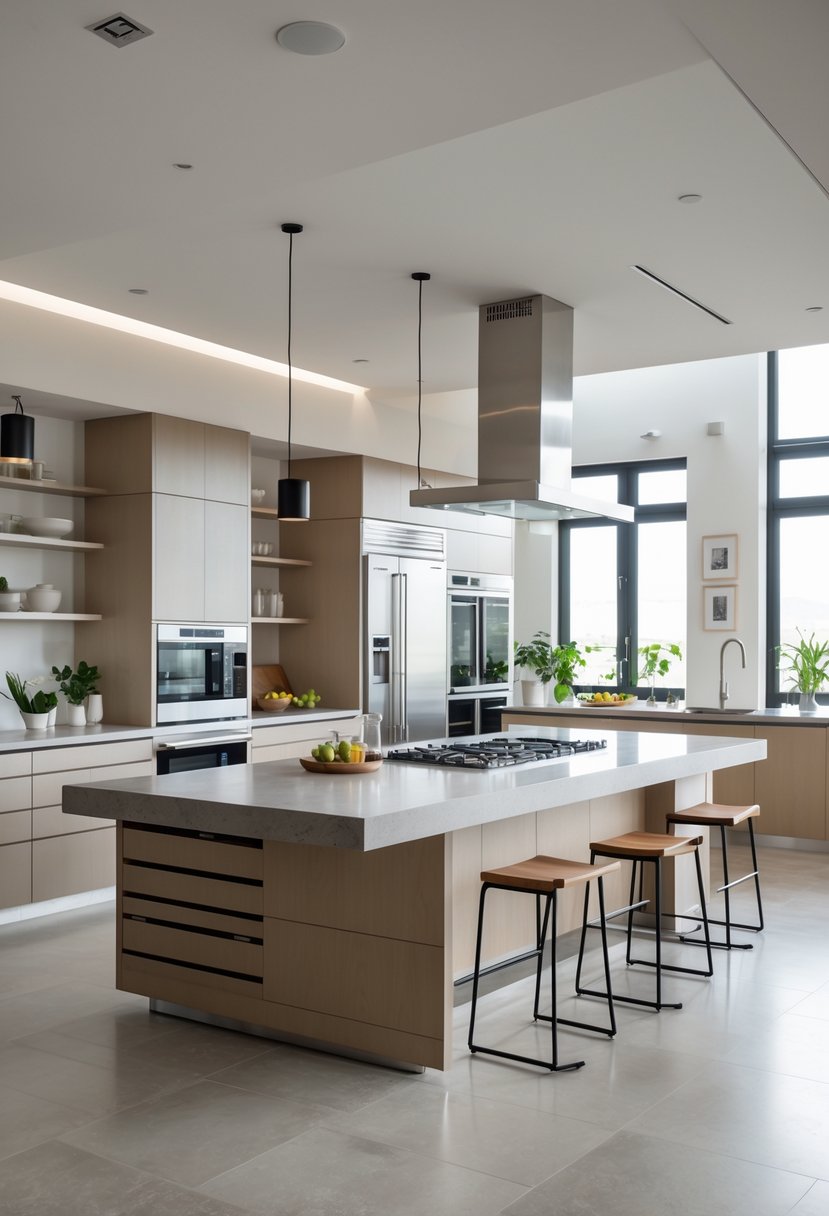A modern kitchen with a large kitchen island that has built-in appliances and bar stools around it.