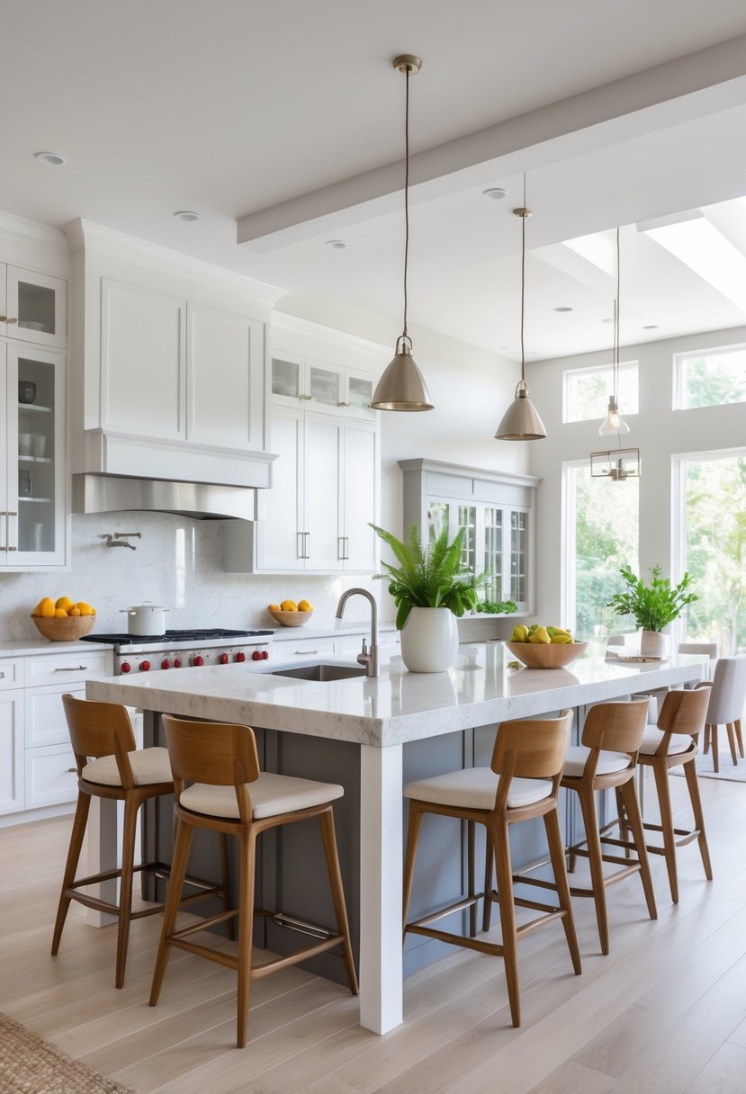 A central kitchen island in an open kitchen and living area with bar stools, a sink, and natural light coming through large windows.