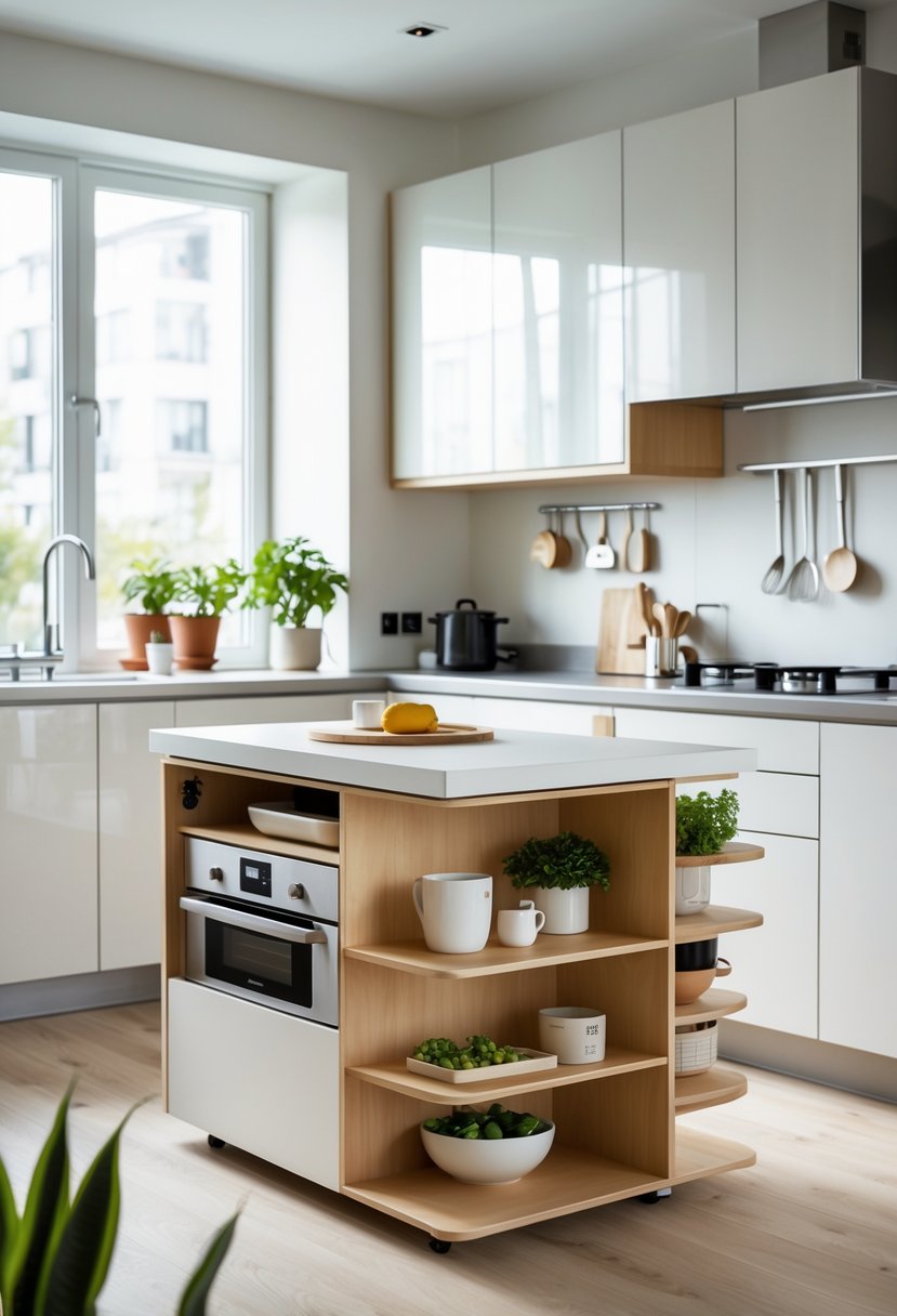 A compact kitchen island with storage and workspace in a bright kitchen with cabinets and appliances.