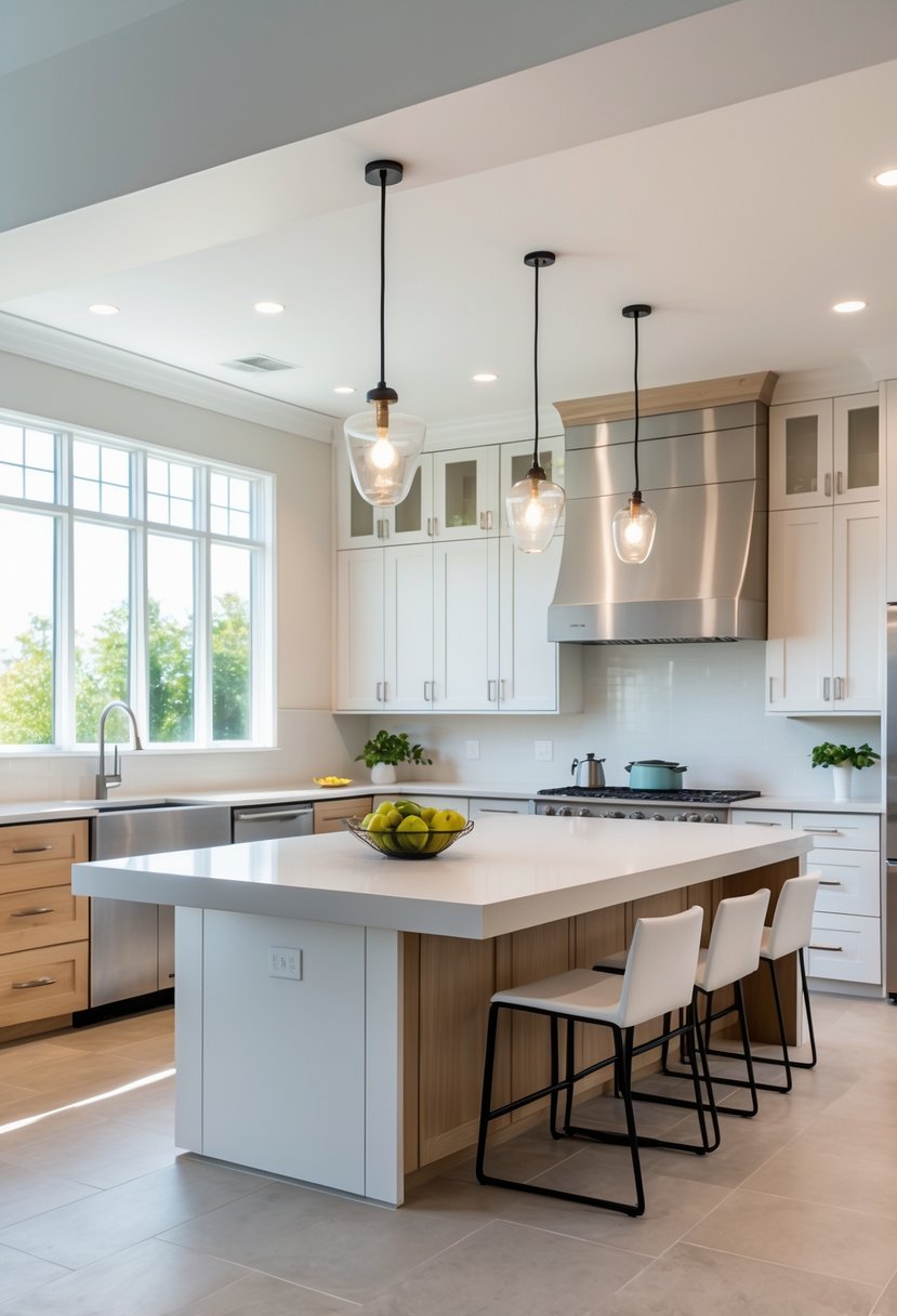 A modern kitchen with a large kitchen island that has seating on both ends, surrounded by bar stools and illuminated by pendant lights.