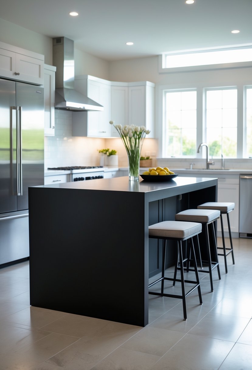 A modern kitchen with a black kitchen island and bar stools in the center, surrounded by white cabinets and stainless steel appliances.